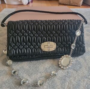 Miu Miu Black Matelasse Nappa Leather Crystal Shoulder Bag